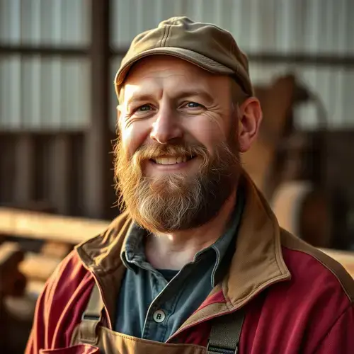 David Miller, 52 year old farmer with beard in work clothes