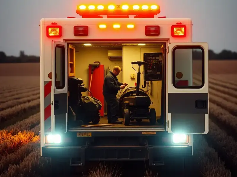 Emergency repair service truck arriving at farm field with mechanic equipment