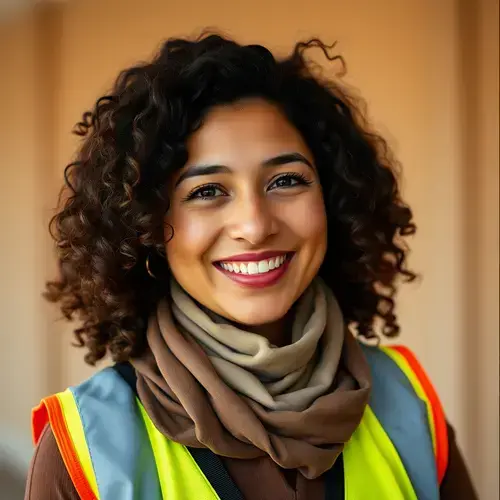 Emily Rodriguez, 29 year old Hispanic woman with curly hair wearing safety vest