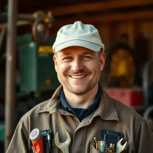 Farm equipment technician in uniform with tools