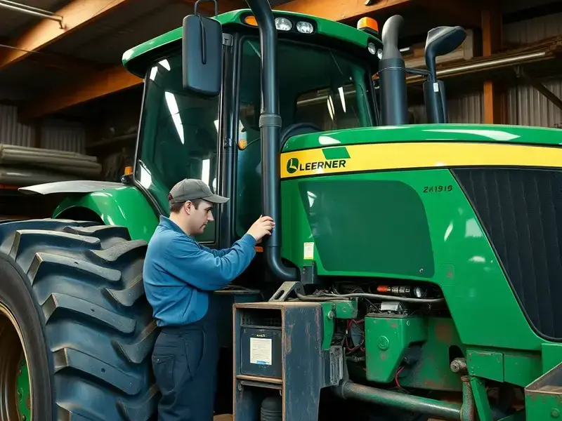 Farm equipment mechanic working on a large tractor in a workshop