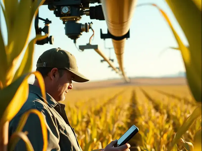 Irrigation technician inspecting center pivot system in corn field