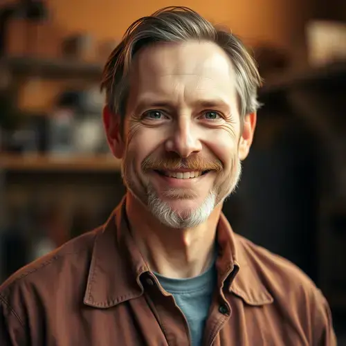 Mitchell Thompson, 52 year old Caucasian man with brown hair and beard wearing work shirt