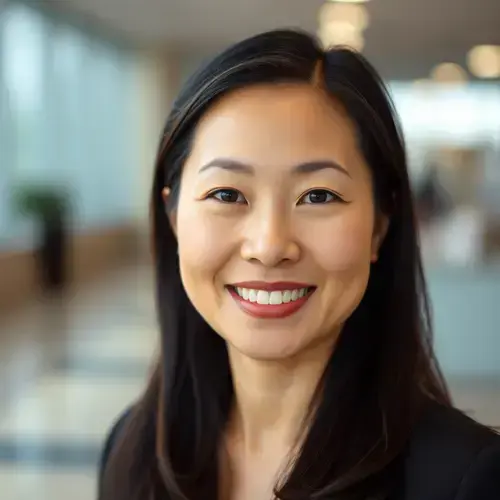 Sarah Chen, 38 year old Asian woman with long black hair wearing professional attire