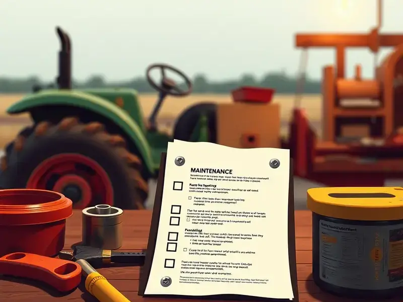 Farm equipment maintenance agreement illustration with checklist and tools