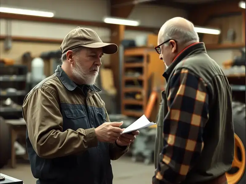 Certified technician explaining repair options to a farmer in the workshop
